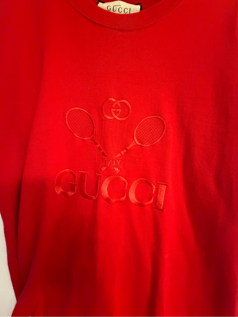 Gucci woman’s  Bright Red Embroidered Logo shirt and vintage Gucci skirt